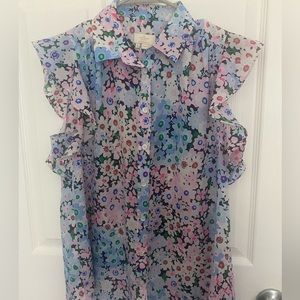 Kate Spade Daisy Garden Ruffle Cap Sleeve Button Front Top EUC